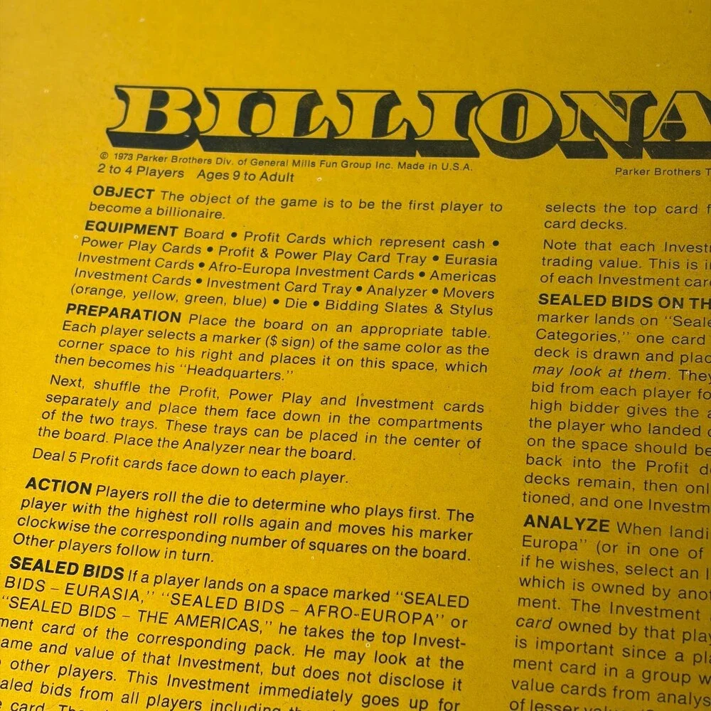 Billionaire Parker Brothers Board Game 2-4 Players Ages 9+ 1973 Global